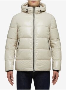 Cream Men's Quilted Winter Jacket with Hood