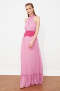 Trendyol Pink Belted Evening Dress