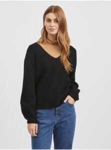 Black Women's Loose Ribbed Sweater with V-neck
