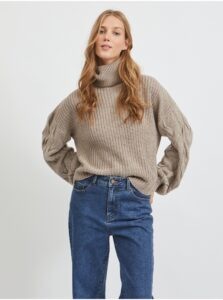 Beige Women's Ribbed Turtleneck with Balloon Sleeves