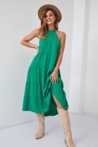 Green summer midi dress with tie