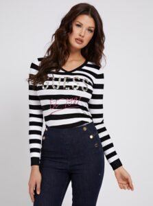White-black striped sweater with lettering with decorative