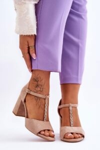 Suede High Heel Sandals with Cubic