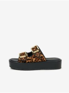 Guess Black-brown women's leather slippers with animal pattern