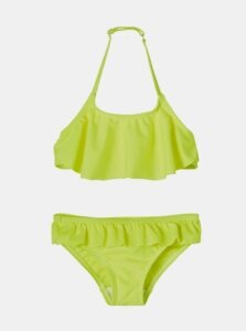 Neon Yellow Girls Two Piece Swimsuit with Ruffled