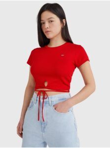 Tommy Jeans Red Women Ribbed Cropped T-Shirt with
