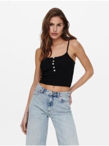 Black Ribbed Cropped Tank Top with Buttons