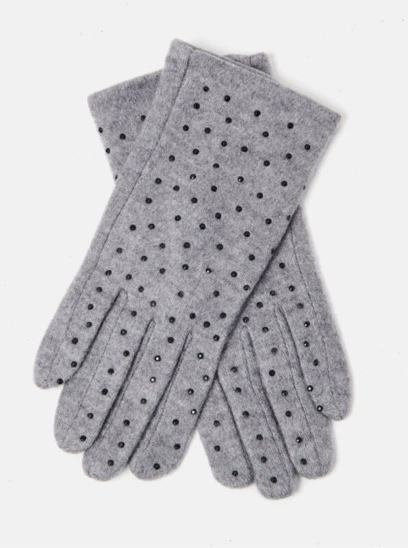 Grey gloves with decorative rhinestones
