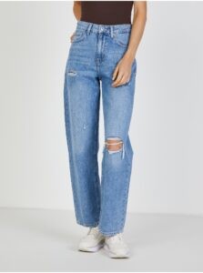 Blue Women's Wide Jeans with Tattered Effect