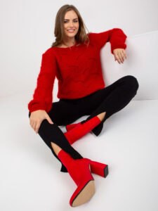 Dark red fluffy classic sweater with