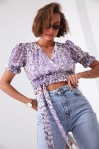 Short floral wrap blouse with purple