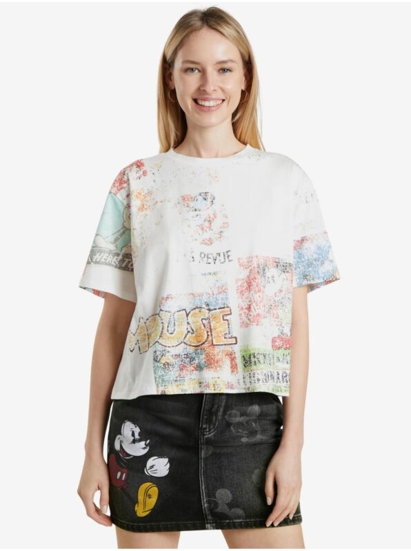 White Women's Patterned T-Shirt Desigual Vintage Mickey