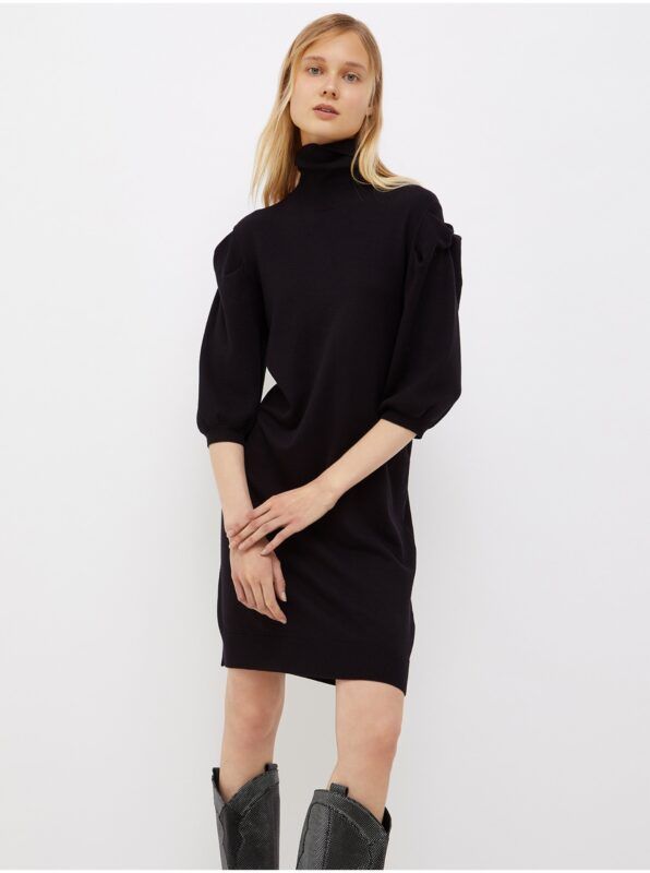 Black Women's Sweater Dress with Balloon Sleeves