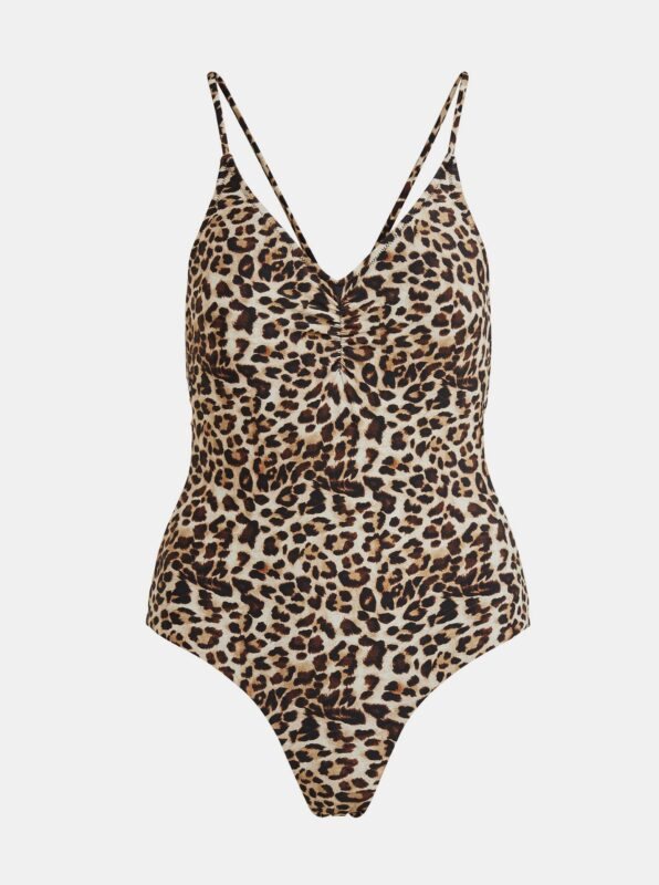 Brown patterned one-piece swimsuit . OBJECT