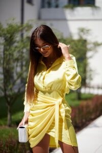 Yellow shirt dress with tie