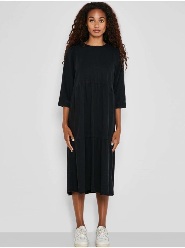 Black Women's Denim Midi Dress with Three-Quarter Sleeve