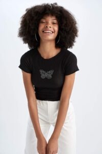 DEFACTO Cool Fitted Crew Neck Butterfly Printed