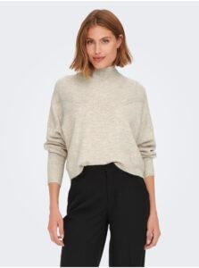 Beige women's brindle sweater with stand-up collar