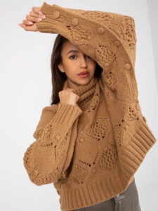 Camel openwork sweater with turtleneck