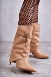 Leather high-heeled boots beige