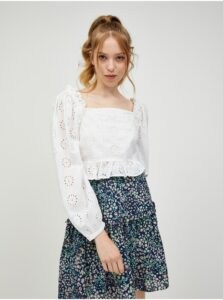 White perforated cropped blouse with balloon sleeves