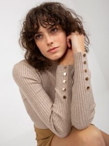 Dark beige ribbed sweater with stand-up