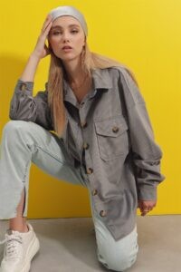 Trend Alaçatı Stili Women's Gray Velvet Cotton