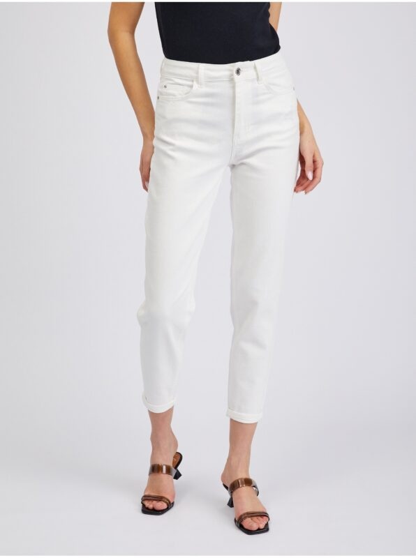 White Womens Shortened Mom Fit Jeans